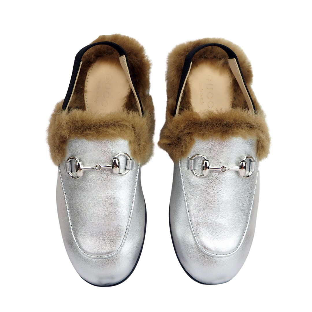 Brand New Kid s Silver Gucci Princetown Faux Fur Loafers UK Size