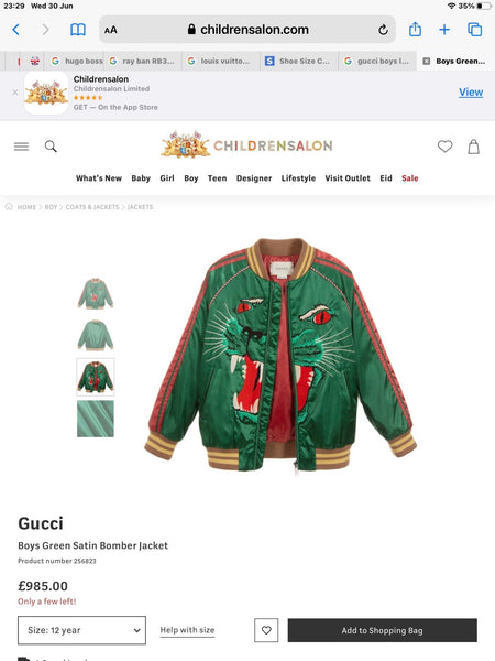 Gucci Brand New Boys Green Satin Bomber Jacket Age 12 - V & G Luxe Boutique