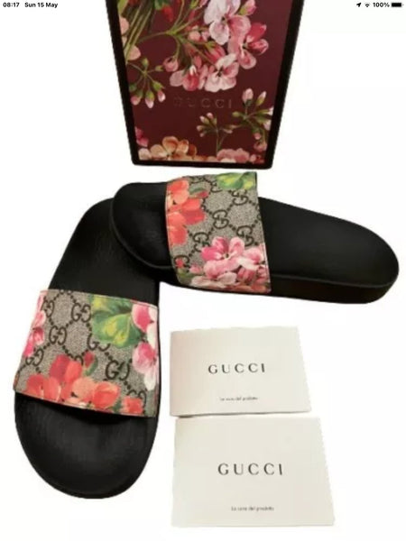 Gucci GG Blooms Supreme Floral Canvas Slides / Sliders, UK Size 3 - V & G Luxe Boutique