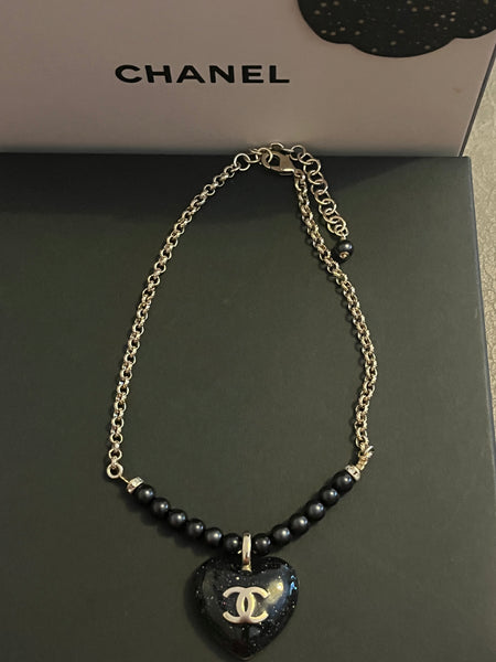 Chanel Black and Silver CC Crystal Heart Pendant Necklace