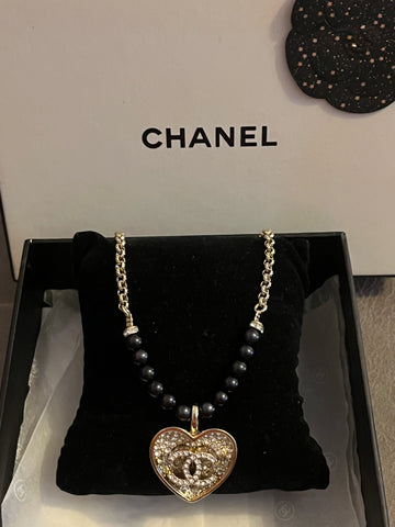 Chanel Black and Silver CC Crystal Heart Pendant Necklace