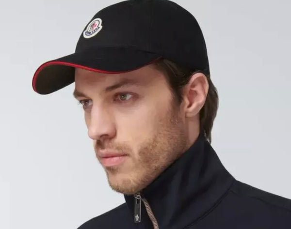 Moncler Logo-Patch Black Cotton Baseball Cap With Red Peak