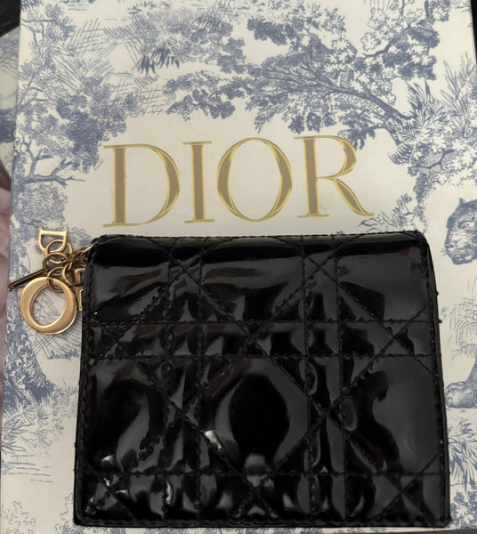 DIOR Black Cannage Patent Leather Mini Lady Wallet - V & G Luxe Boutique
