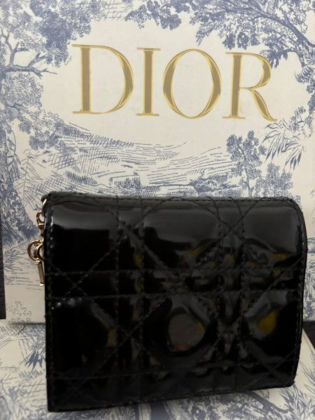 DIOR Black Cannage Patent Leather Mini Lady Wallet - V & G Luxe Boutique