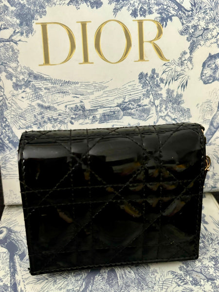DIOR Black Cannage Patent Leather Mini Lady Wallet - V & G Luxe Boutique