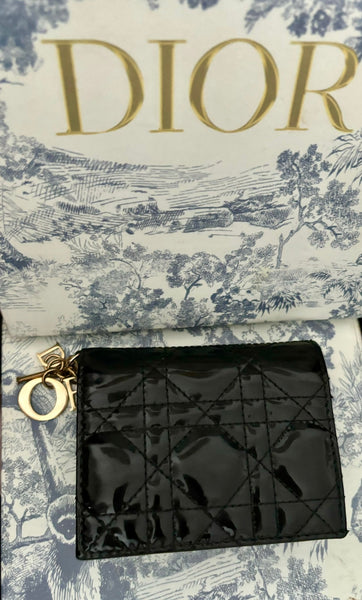 DIOR Black Cannage Patent Leather Mini Lady Wallet - V & G Luxe Boutique