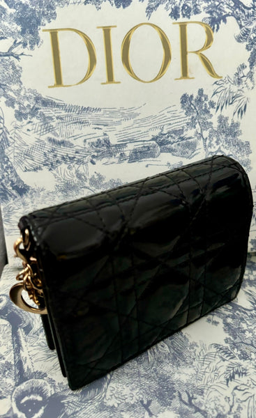 DIOR Black Cannage Patent Leather Mini Lady Wallet - V & G Luxe Boutique