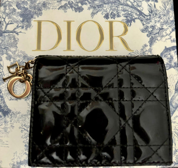 DIOR Black Cannage Patent Leather Mini Lady Wallet - V & G Luxe Boutique