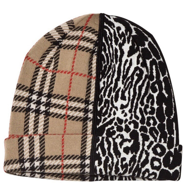 Brand New Burberry Tartan With Leopard Print Wool Beanie Hat Size 8-12 Yrs RRP £150 - V & G Luxe Boutique