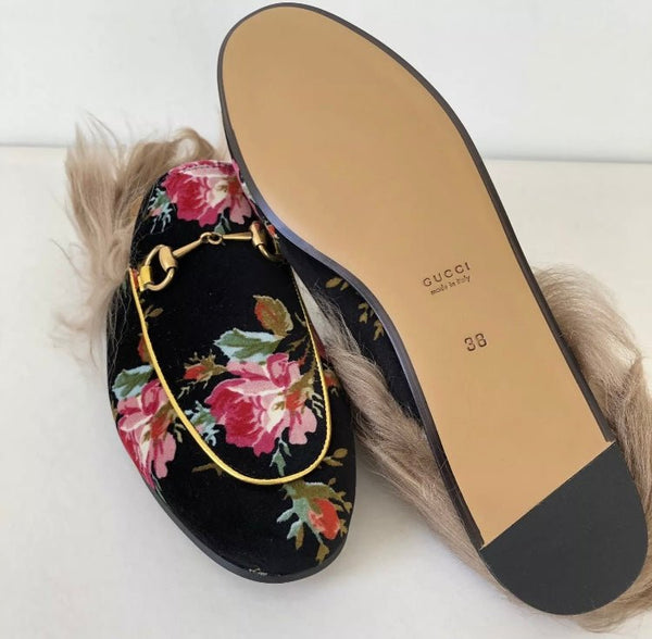 Brand New Gucci Black Princetown Velvet Rose Fur Loafers, UK Size 5 - V & G Luxe Boutique