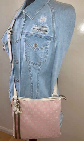 Brand New Gucci Pink & White Monogram Leather & Canvas Crossbody Charm Messenger Bag - LIMITED EDITION - V & G Luxe Boutique