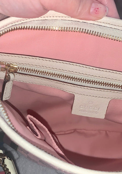 Brand New Gucci Pink & White Monogram Leather & Canvas Crossbody Charm Messenger Bag - LIMITED EDITION - V & G Luxe Boutique