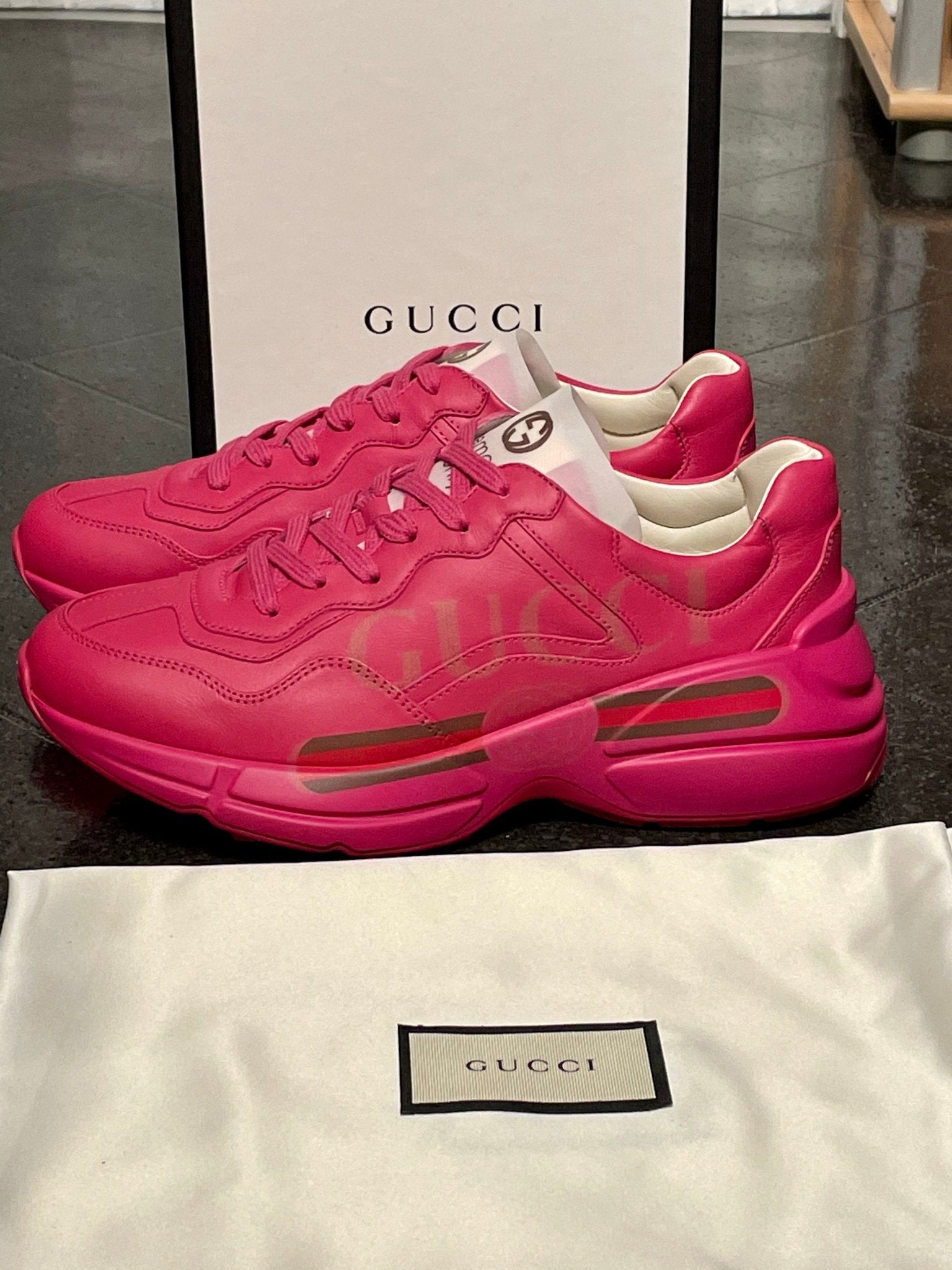 Brand New Gucci Women s Hot Pink Leather Rhyton Chunky Sneakers Trai V G Luxe Boutique