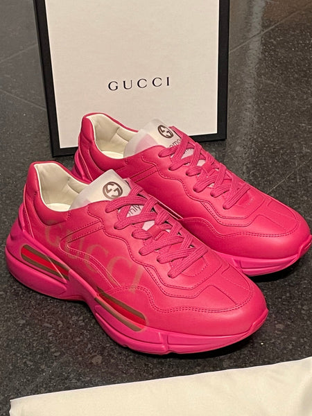 Brand New Gucci Women's Hot Pink Leather Rhyton Chunky Sneakers / Trainers, UK Size 5.5-6 - V & G Luxe Boutique