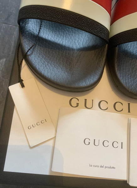Brand New Men's Gucci Red, White & Blue Web Stripe Slides / Sliders, UK Size 7 - V & G Luxe Boutique