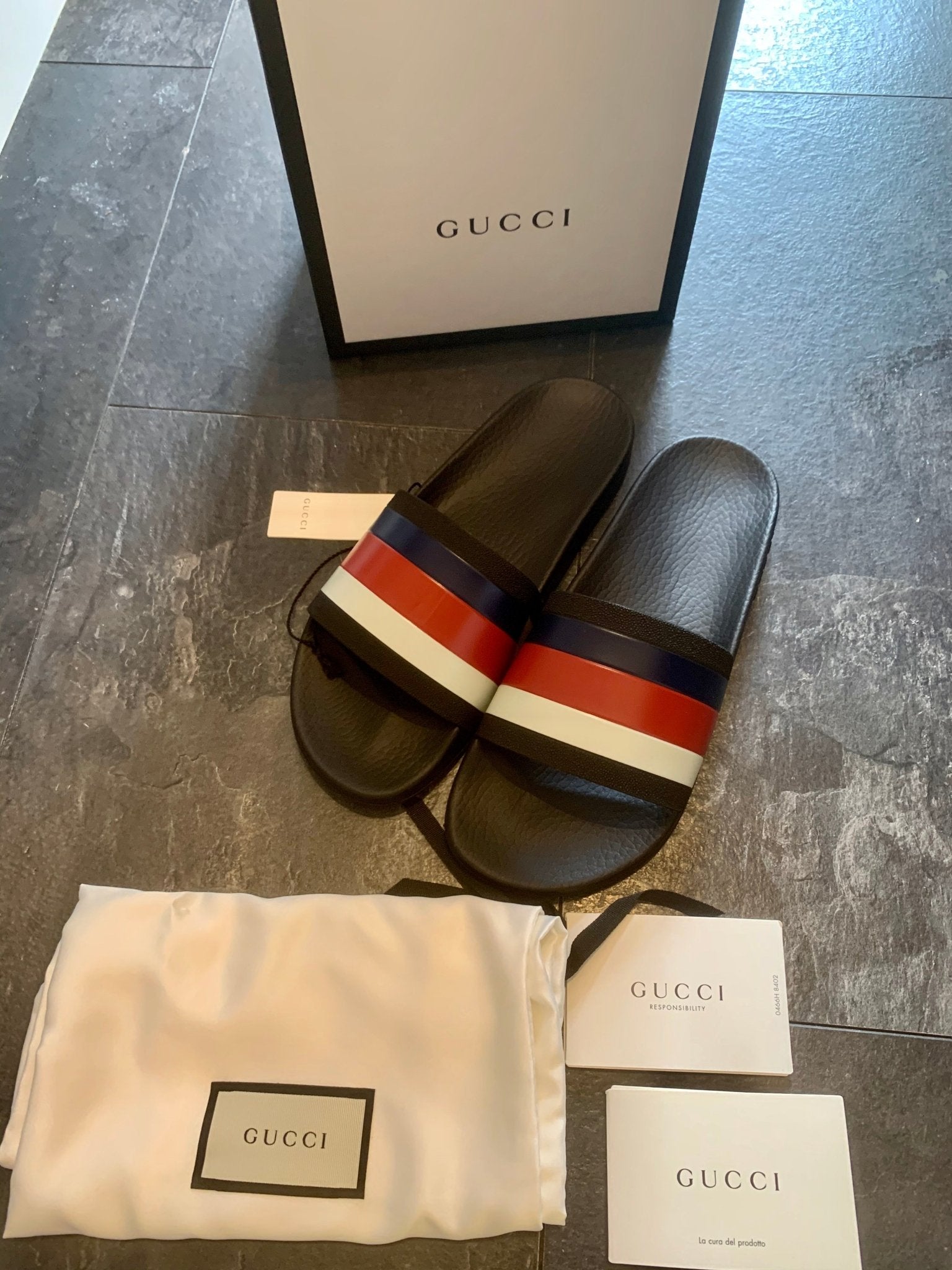 Brand New Men s Gucci Red White Blue Web Stripe Slides Sliders U V G Luxe Boutique