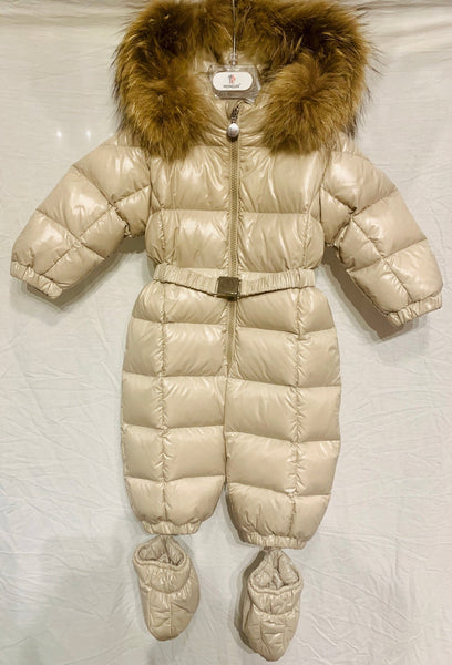 Brand New Moncler Enfant Kids Baby Jean Unisex Fur Hood Belted Snowsuit, 12-18 Months - V & G Luxe Boutique