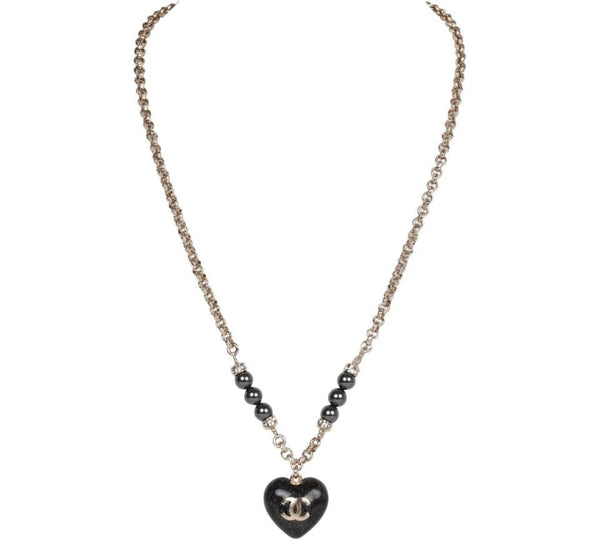 Chanel Black and Silver CC Crystal Heart Pendant Necklace - V & G Luxe Boutique