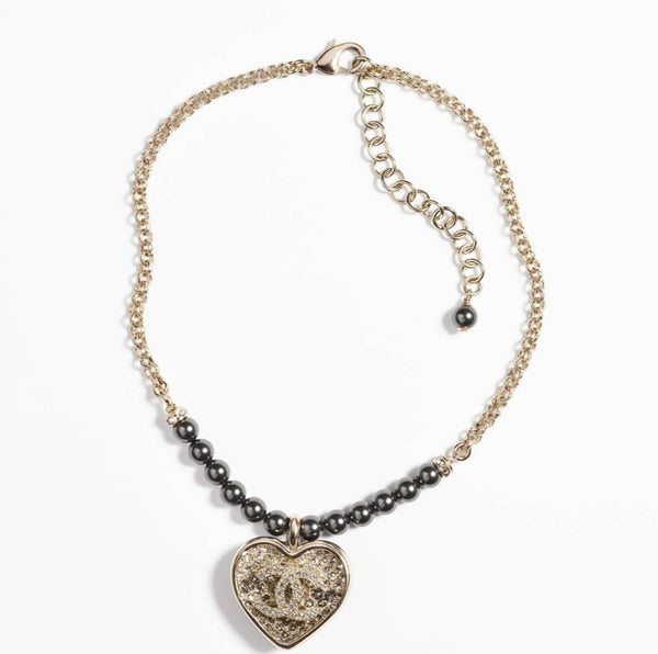 Chanel Black and Silver CC Crystal Heart Pendant Necklace - V & G Luxe Boutique