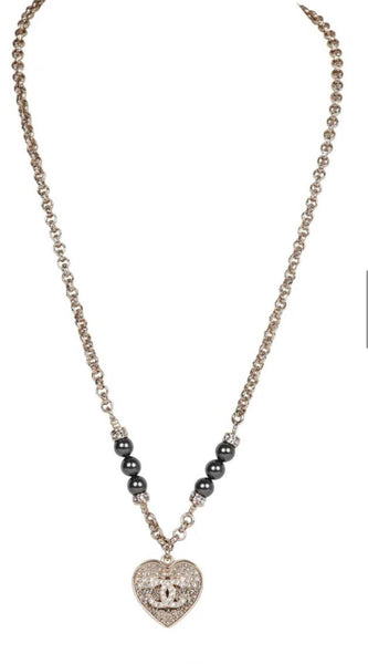 Chanel Black and Silver CC Crystal Heart Pendant Necklace - V & G Luxe Boutique