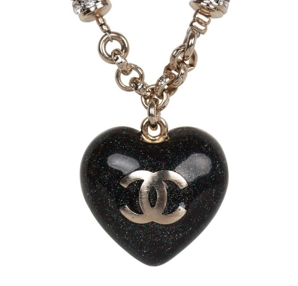 Chanel Black and Silver CC Crystal Heart Pendant Necklace - V & G Luxe Boutique