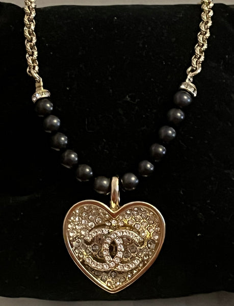 Chanel Black and Silver CC Crystal Heart Pendant Necklace - V & G Luxe Boutique