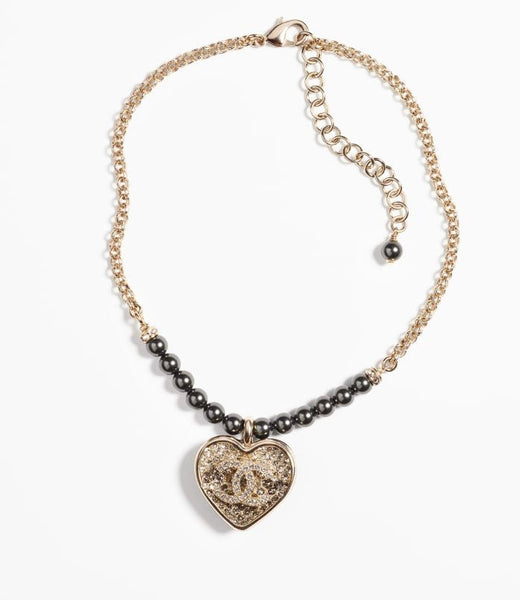 Chanel Black and Silver CC Crystal Heart Pendant Necklace - V & G Luxe Boutique