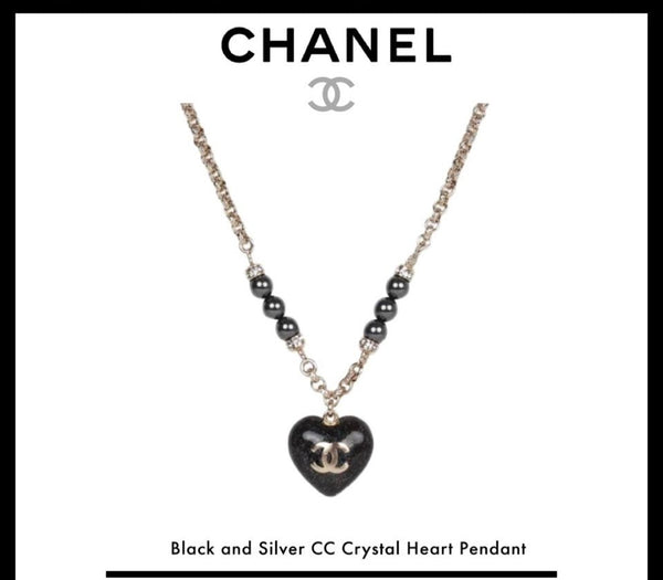 Chanel Black and Silver CC Crystal Heart Pendant Necklace - V & G Luxe Boutique
