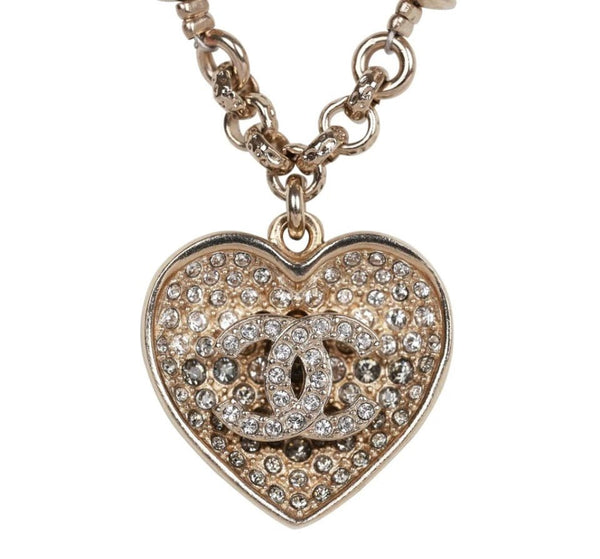 Chanel Black and Silver CC Crystal Heart Pendant Necklace - V & G Luxe Boutique
