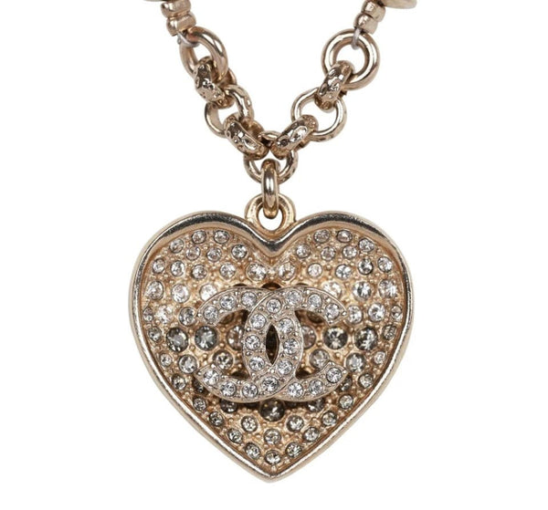 Chanel Black and Silver CC Crystal Heart Pendant Necklace - V & G Luxe Boutique