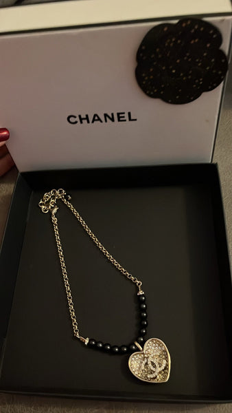 Chanel Black and Silver CC Crystal Heart Pendant Necklace - V & G Luxe Boutique