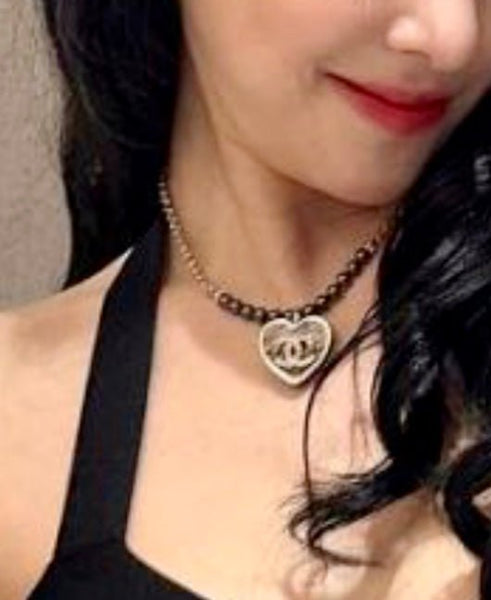 Chanel Black and Silver CC Crystal Heart Pendant Necklace - V & G Luxe Boutique