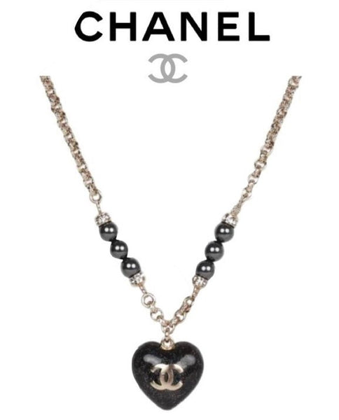 Chanel Black and Silver CC Crystal Heart Pendant Necklace - V & G Luxe Boutique