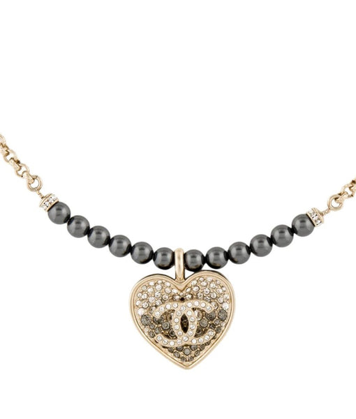 Chanel Black and Silver CC Crystal Heart Pendant Necklace - V & G Luxe Boutique
