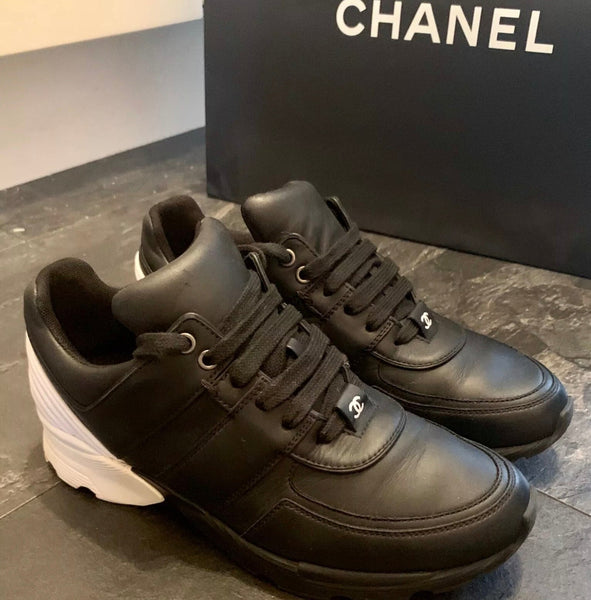 Chanel Black and White Leather Sneakers / Trainers, UK Size 5.5 - V & G Luxe Boutique