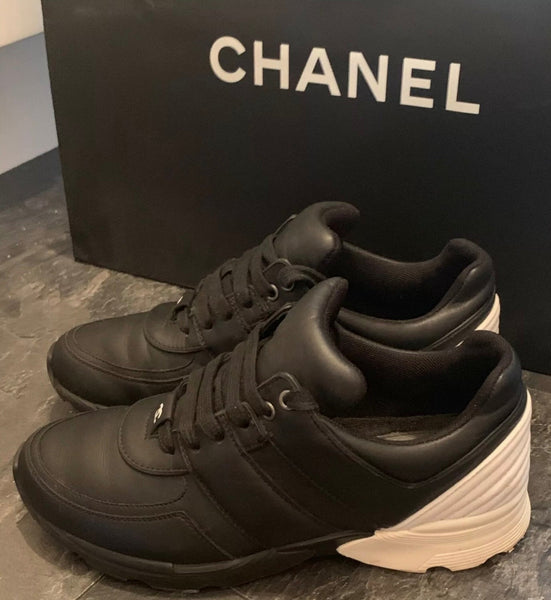 Chanel Black and White Leather Sneakers / Trainers, UK Size 5.5 - V & G Luxe Boutique