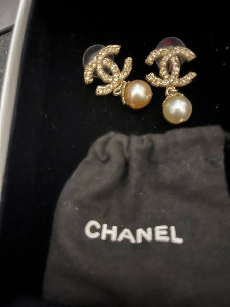 Chanel CC Gold Tone Faux Pearl Drop Earrings - V & G Luxe Boutique