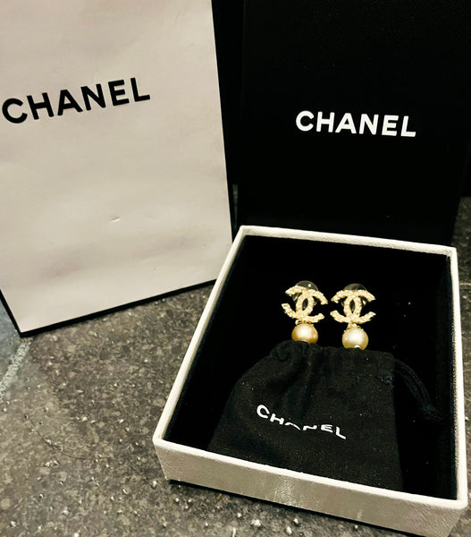 Chanel CC Gold Tone Faux Pearl Drop Earrings - V & G Luxe Boutique