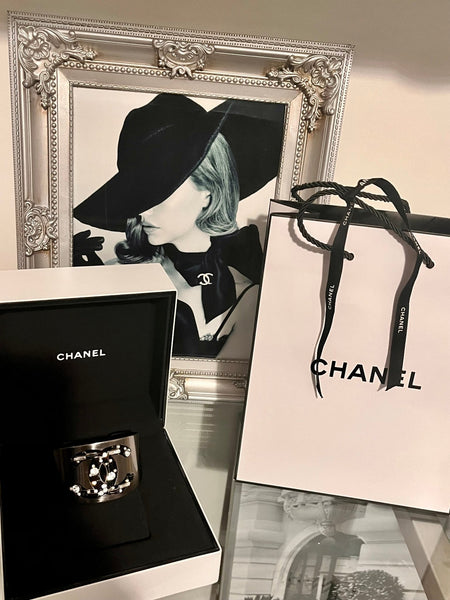 CHANEL Swarovski Crystal Embelleshed CC Logo Cuff Bracelet - V & G Luxe Boutique