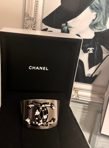 CHANEL Swarovski Crystal Embelleshed CC Logo Cuff Bracelet - V & G Luxe Boutique