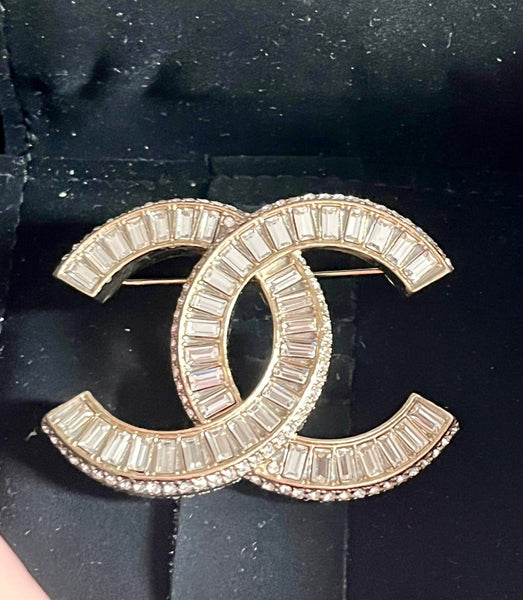 Chanel White Diamanté Crystal Logo Brooch - V & G Luxe Boutique