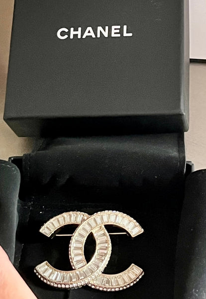 Chanel White Diamanté Crystal Logo Brooch - V & G Luxe Boutique