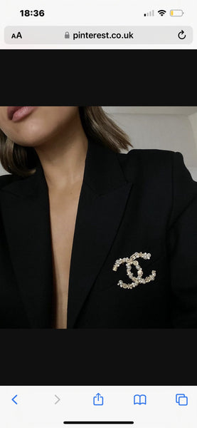 Chanel White Diamanté Crystal Logo Brooch - V & G Luxe Boutique