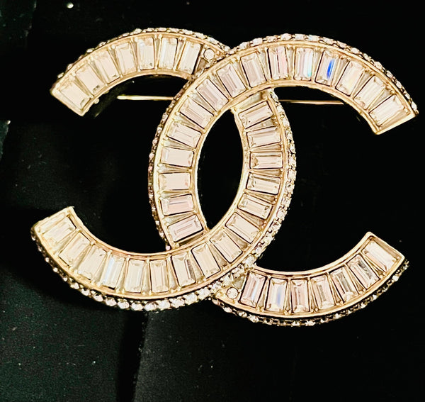 Chanel White Diamanté Crystal Logo Brooch - V & G Luxe Boutique