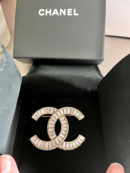 Chanel White Diamanté Crystal Logo Brooch - V & G Luxe Boutique