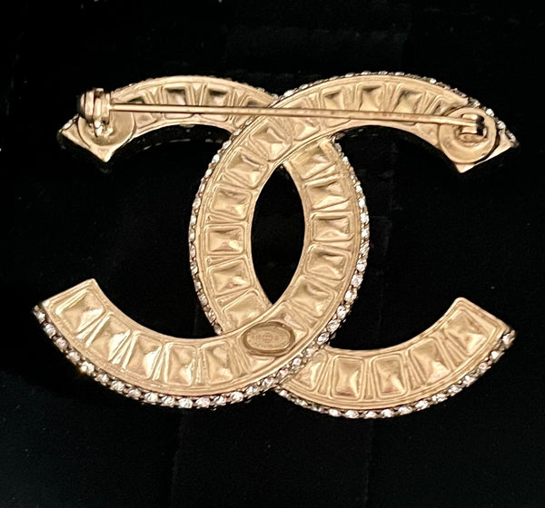 Chanel White Diamanté Crystal Logo Brooch - V & G Luxe Boutique