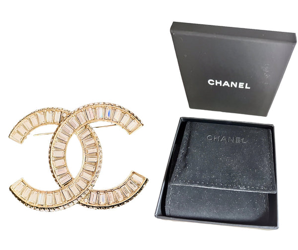 Chanel White Diamanté Crystal Logo Brooch - V & G Luxe Boutique