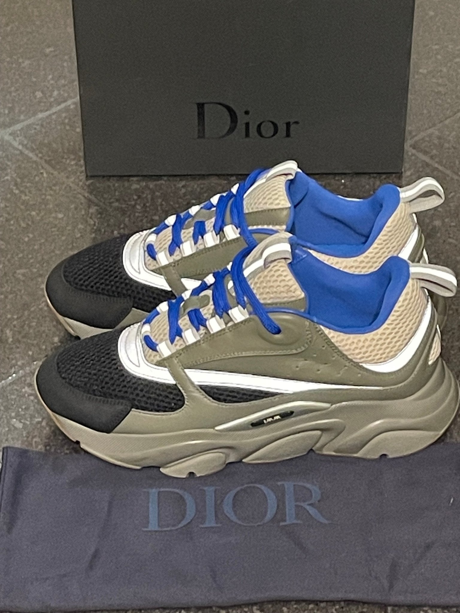 Christian Dior B22 Cream Black Olive Blue Technical Sneakers Size UK 6 - V & G Luxe Boutique