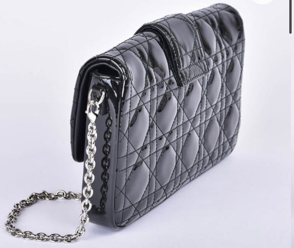 Christian Dior Black Patent Quilted Leather Miss Dior Chain Handbag / Cannage Wallet On Chain - V & G Luxe Boutique