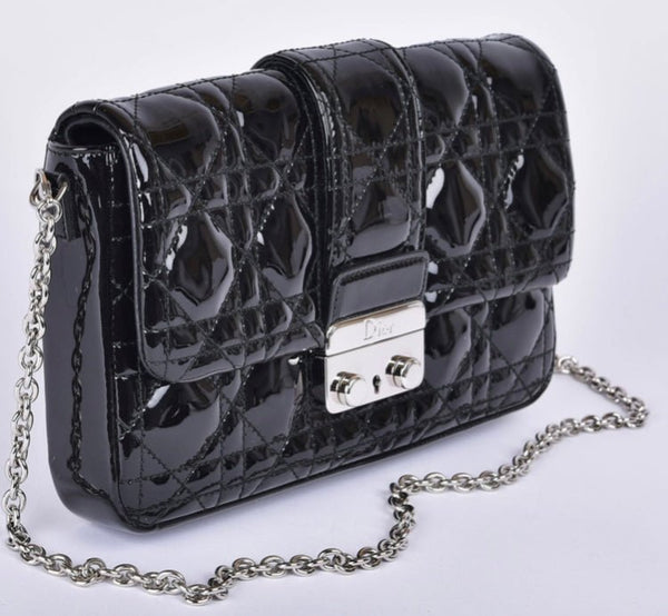 Christian Dior Black Patent Quilted Leather Miss Dior Chain Handbag / Cannage Wallet On Chain - V & G Luxe Boutique
